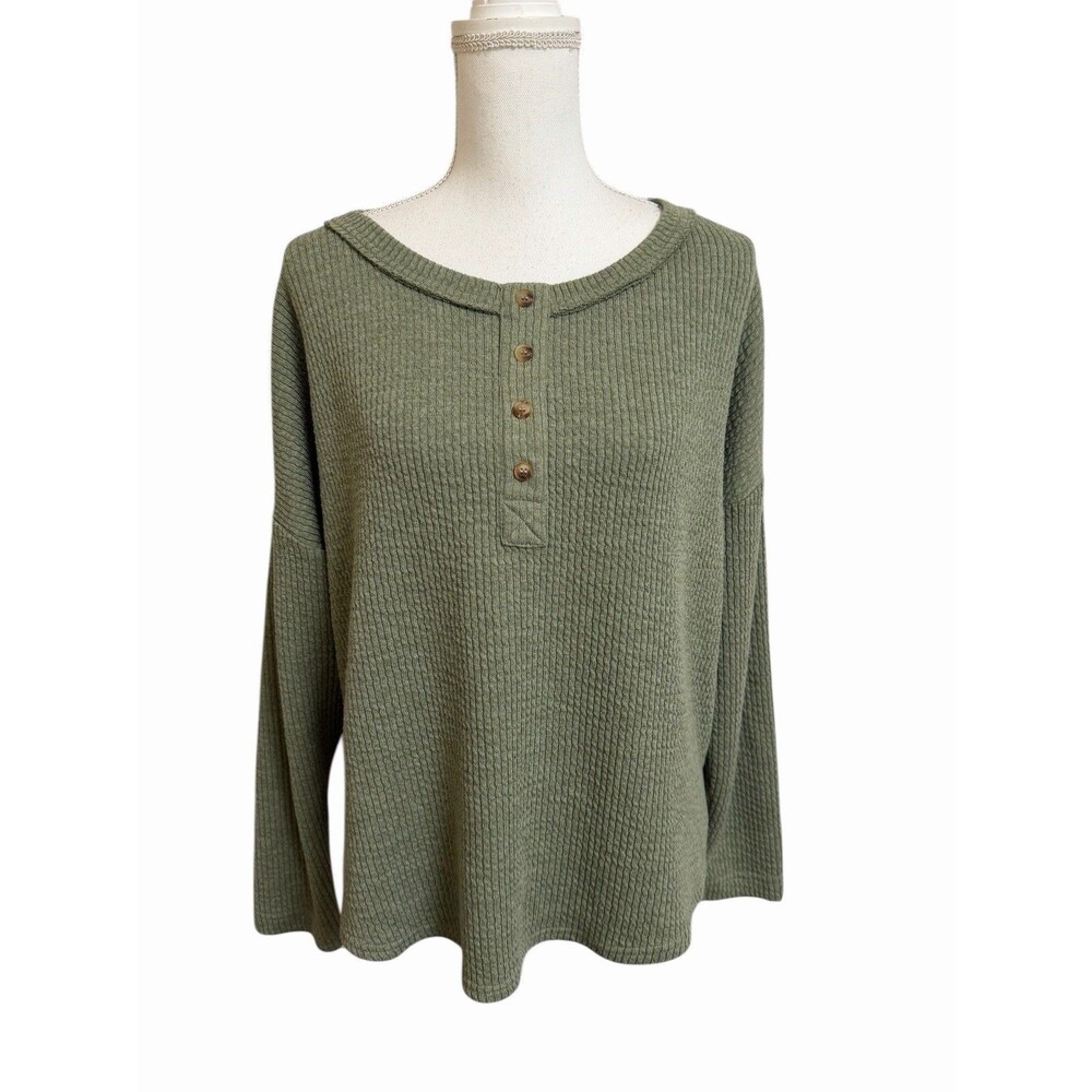 Fray Boutique Women's M Waffle Knit Henley Top Pullover Olive Green